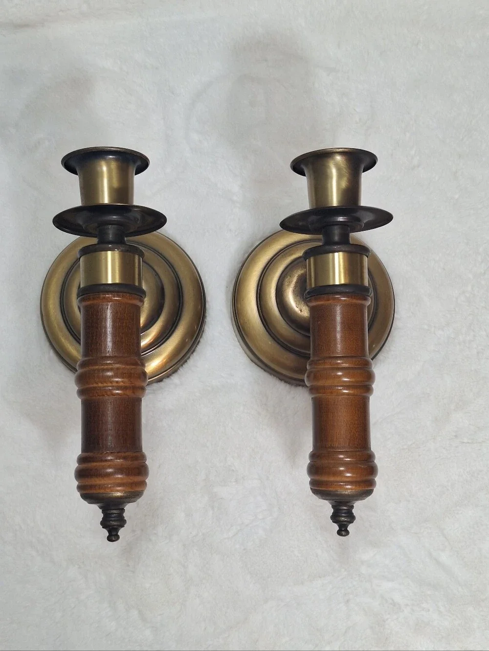 Vtg Set Of 2 Homco Wood & Antique Brass Tone Wall Sconces Candlestick Holders